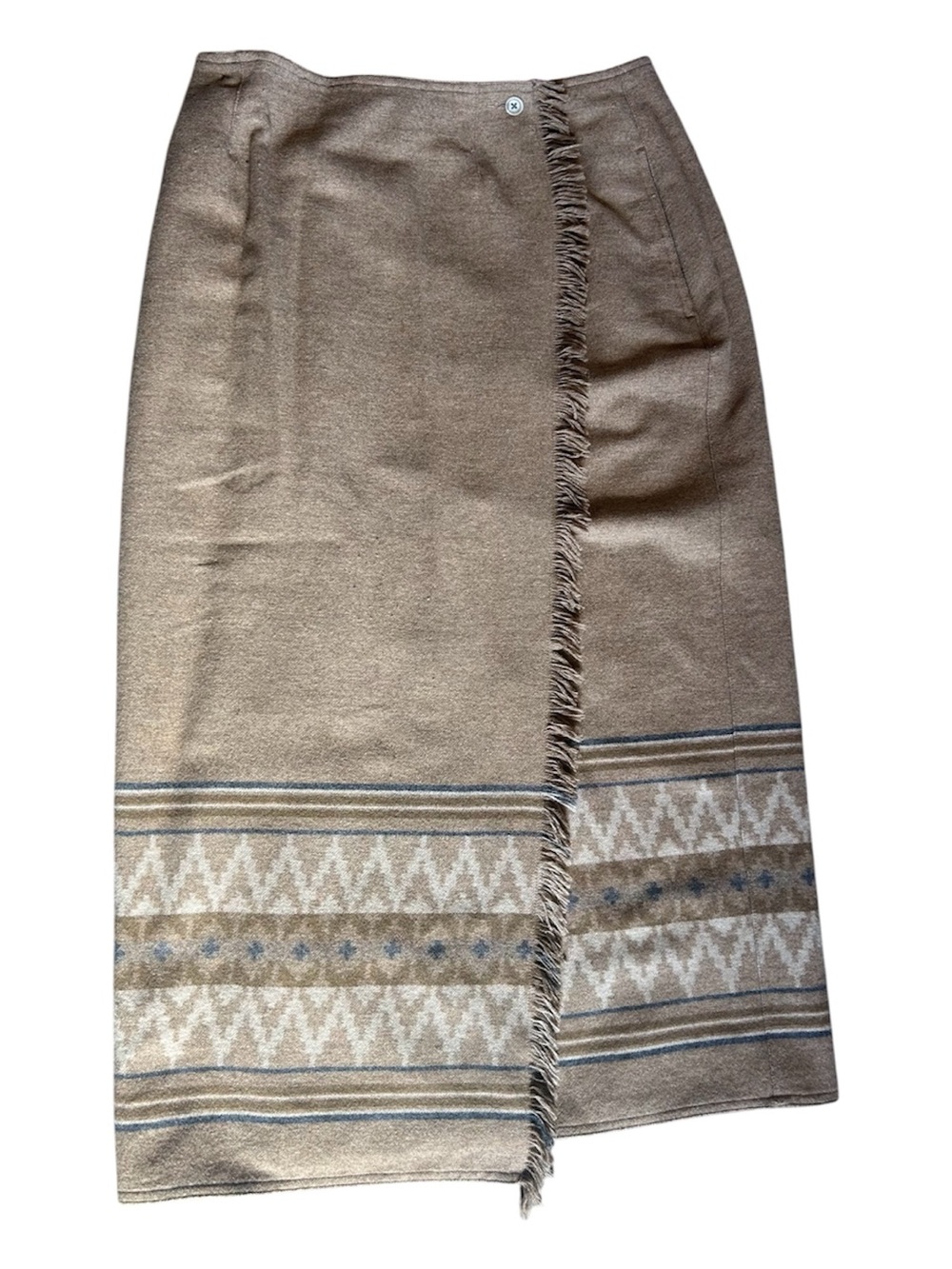 90s Wool Blend Blanket Midi Skirt Aztec Southwestern Fringe Brown size 12